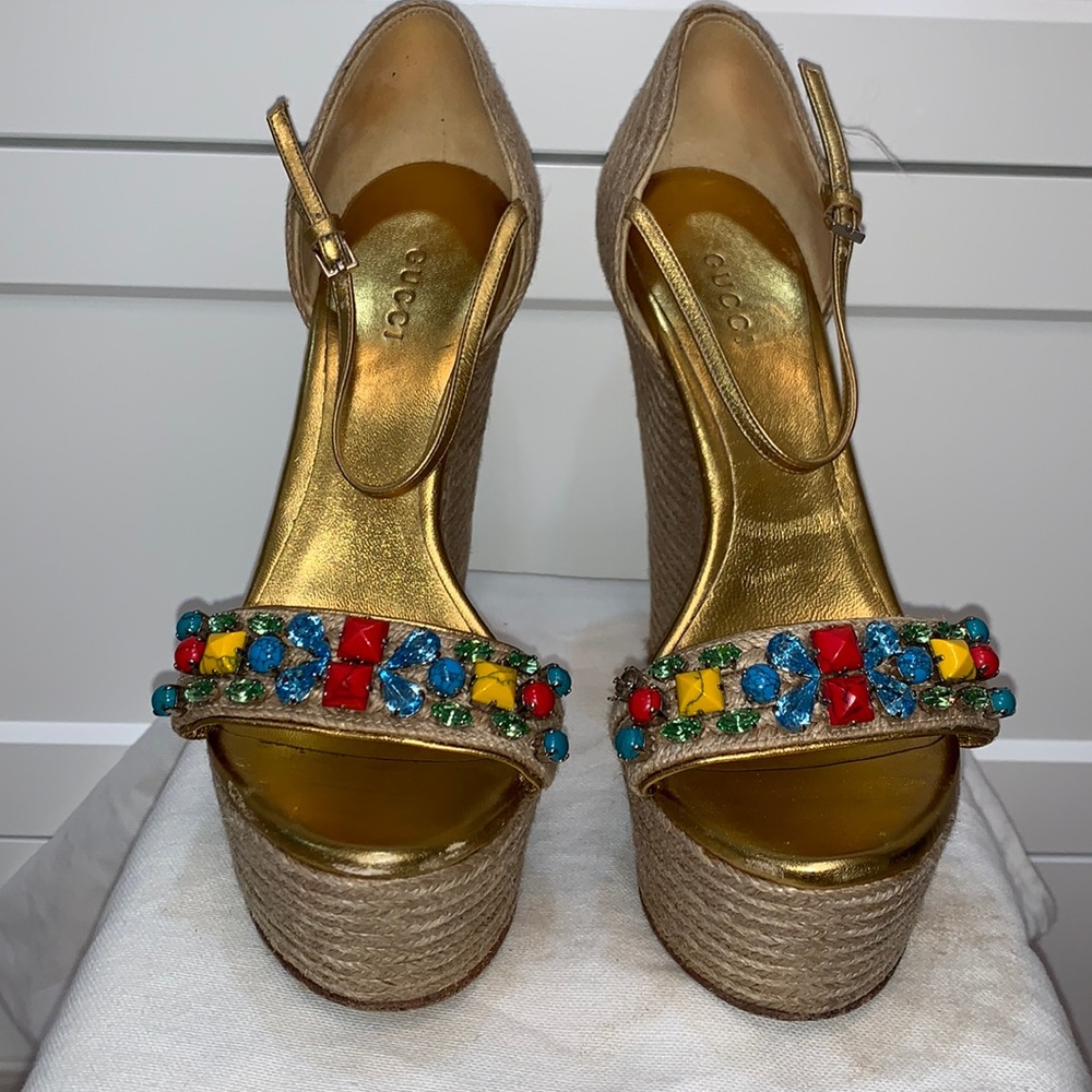 Gucci Gold wedge sandals with colorful stones